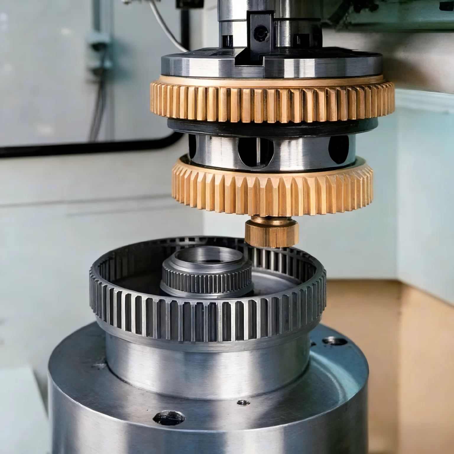 Internal structure of a gear shaping machine showing the reciprocating cutter spindle and the work table