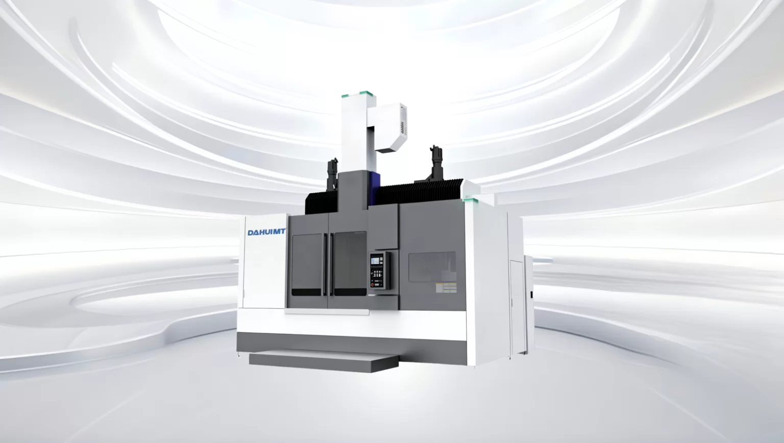 A vertical CNC lathe with a large rotating table and a cross rail carrying the tool head