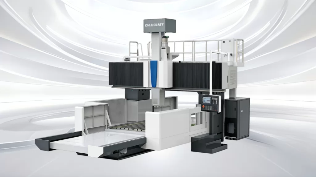 A gantry machining center with two columns, a cross rail and a spindle carriage above a fixed table