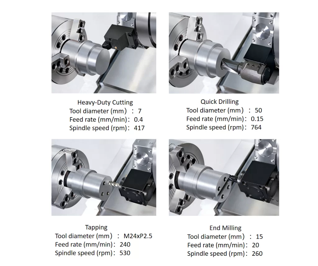 Heavy duty cutting showing drilling, tapping and end milling operations on a machined component