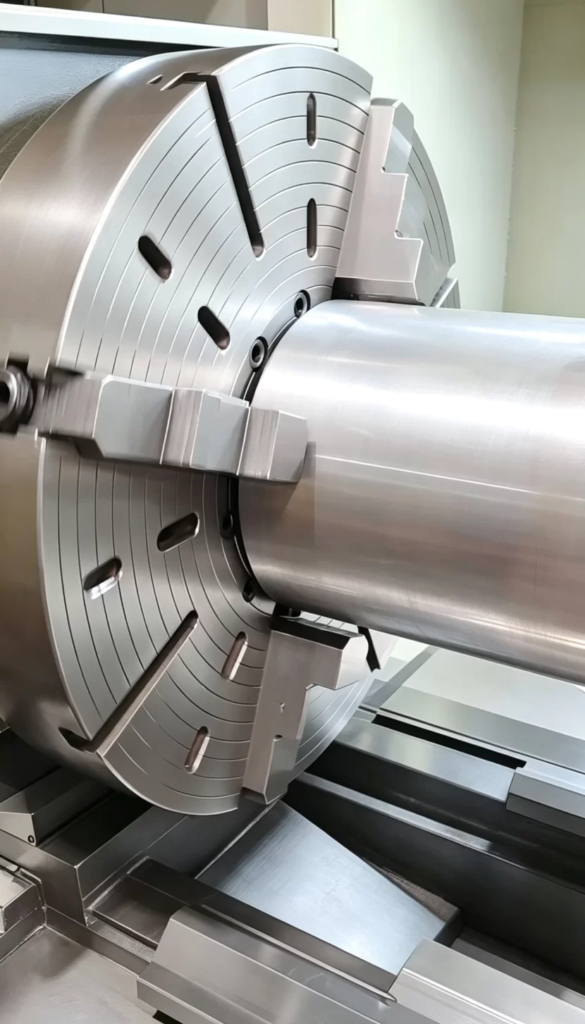 A workpiece being turned on a CNC lathe with the door closed and the guard in position