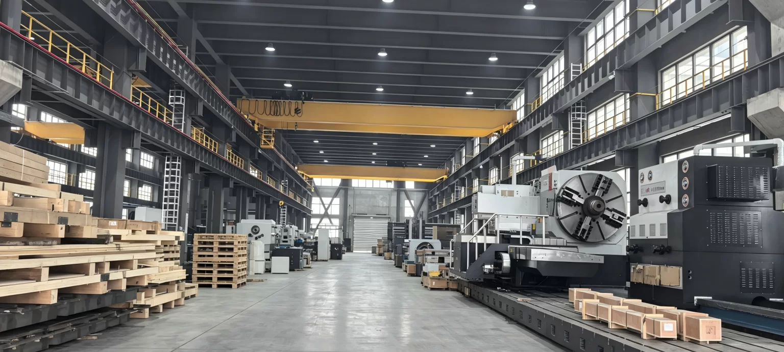 CNC lathes at different build stages on the assembly floor of a machine tool factory