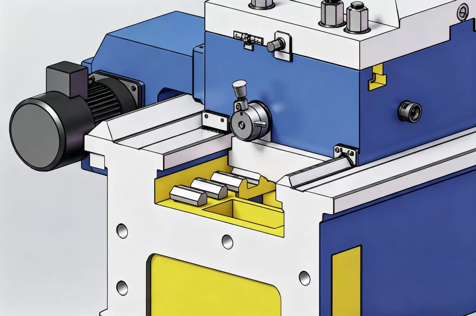 The tail end of a CNC lathe bed showing the guideway and the mounting pads used during leveling