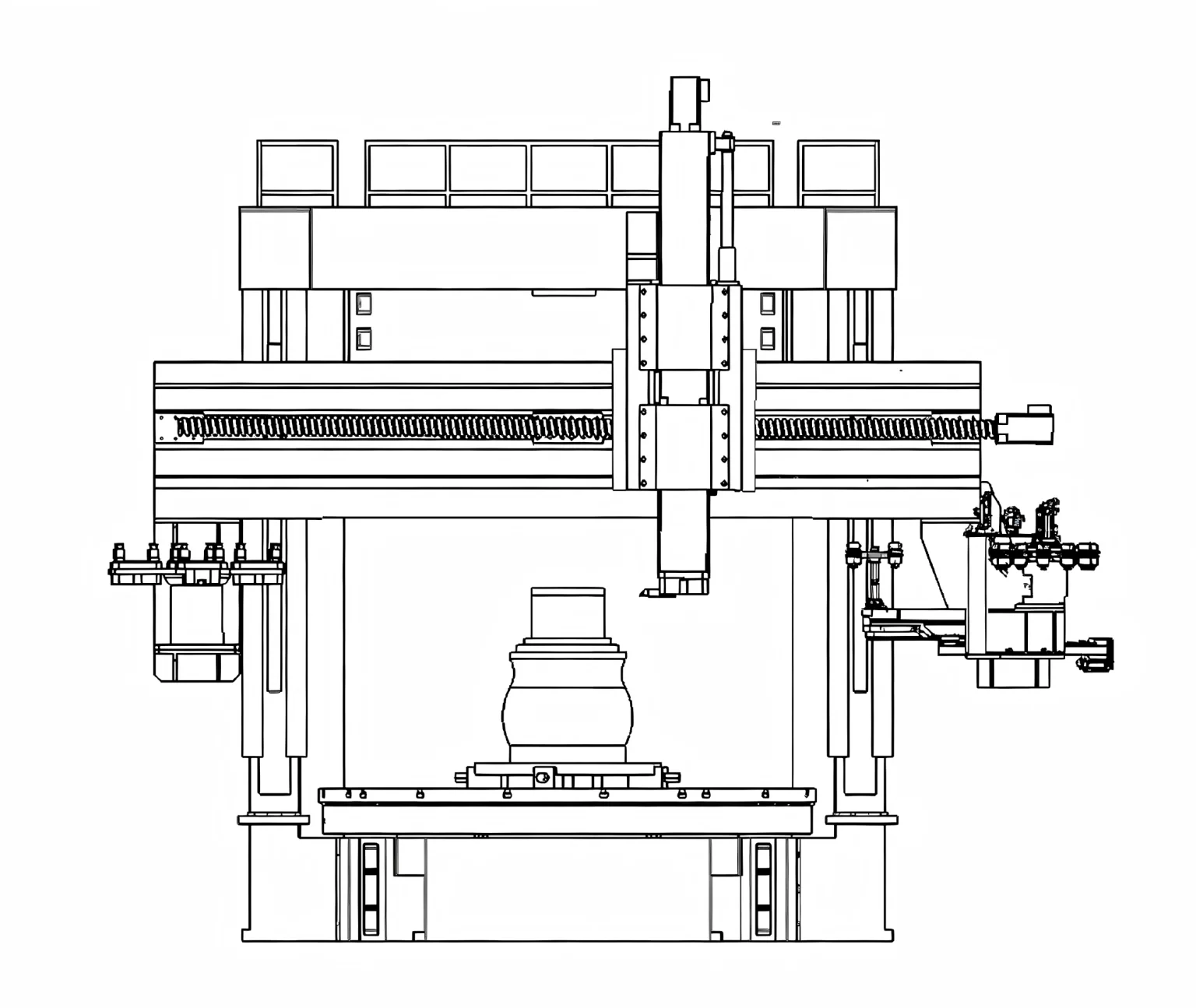 Construction drawing of a vertical CNC lathe showing the machine's major assemblies and their arrangement