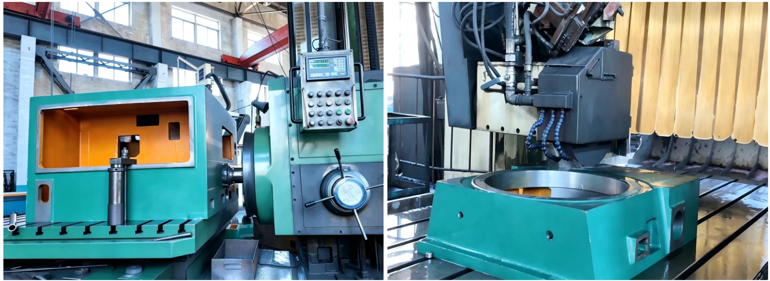 Cast machine tool beds being machined on a planer-type machine in the factory before assembly