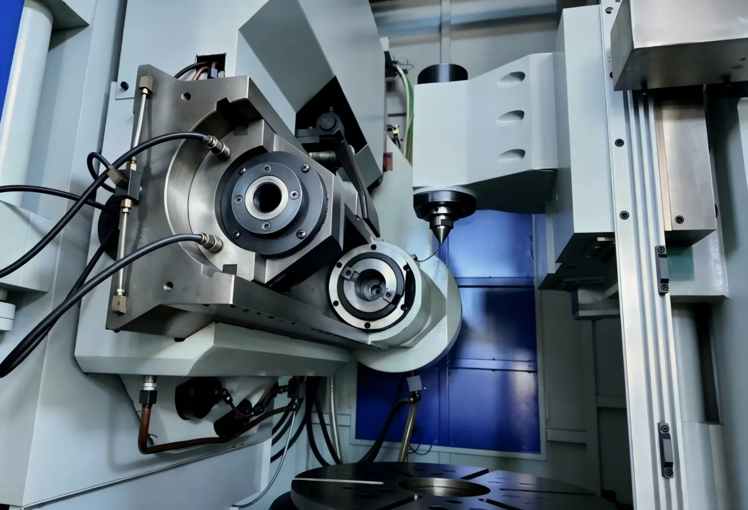 Interior of a machine tool showing the drive, hydraulic and lubrication assemblies that most alarms point to